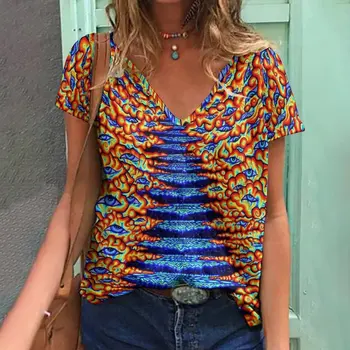 Kadın kısa kollu tişört Yeni Komik Moda V Yaka Üst 3D Kawaii Çiçek Baskı Sevimli ve Cömert Sıcak Satış Sokak Gömlek