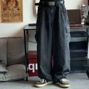 Şalvar Kot Pantolon Erkek kot pantolon Siyah Geniş Bacak Pantolon erkek Kot Büyük Boy Kargo Kore Streetwear Hip Hop Harajuku Y2k