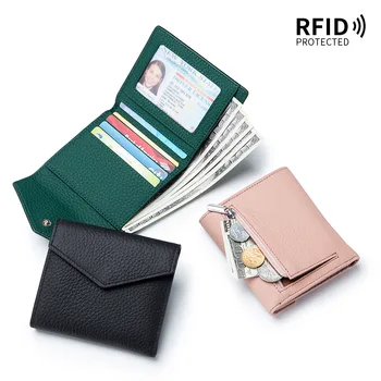 Hakiki Deri Kadın Cüzdan Kısa RFID Kadın Moda Zarf Küçük cüzdan kart tutucu Fermuar Sikke Cep Yüksek Kalite