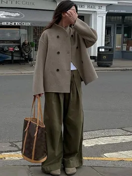 Zarif kadın Standı Yaka Kruvaze Ceket Moda Rahat Katı Uzun Kollu Palto 2023 Sonbahar / Kış Sıcak Streetwear