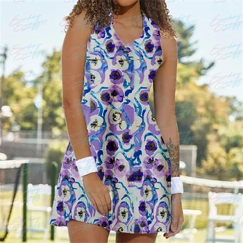 Kadın Tenis Elbise Spor Spor Kolsuz Rahat Tek Parça Elbise Hızlı Nefes Golf Yoga Spor Baskı Elbise