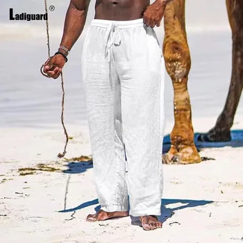 Ladiguard 2023 erkek Standı Cep Rahat Keten pantolon Düz Beyaz Elastik Bel Düz Pantolon Artı Boyutu Erkekler Moda Sweatpants