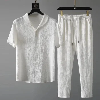 Yeni Varış erkek Serin ve Teneke Sıralama Kollu T-shirt + Pantolon İki Parçalı Set Katı Sirt + Pantolon ome Takım Elbise Erkek Boyutu M-4XL