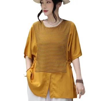 2023 Yaz Yeni İpek Yuvarlak Boyun Büyük kadın T-shirt Tarzı Büyük Şerit Eklenmiş Şerit Kore Moda T-shirt
