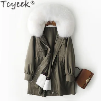Tcyeek 23 Moda Rex Tavşan Kürk Astar Parka Kış Kadın Ceket Sıcak Giysiler Orta-uzun Kadın Gerçek Kürk Hood Fox Kürk Yaka