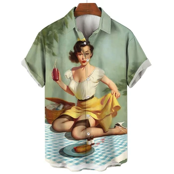 Ortaçağ Seksi Kızlar Baskı Yaz erkek Gömlek Casual Büyük Boy Kısa Kollu Moda Tek Göğüslü Bluzlar Trend Yaka Gömlek