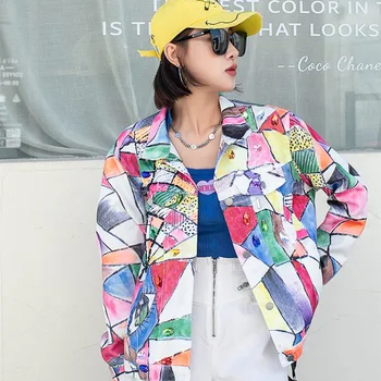 Kadın Gökkuşağı Renk Elmas Boncuklu Denim Ceket Geometrik Desen Graffiti Kot Ceket Rhinestones Hırka Streetwear Tops
