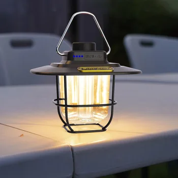 LED bahçe dekorasyonu lamba tipi-c şarj Retro kamp çadır ışıkları pil göstergesi ile kanca kısılabilir açık ekipman için