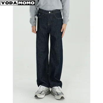 Sonbahar Erkek / Kadın Siyah Tüm Uyumlu Gevşek Uzun Geniş Bacak Denim Kot Pantolon Retro Derin Mavi Sarkık Stil Erkek / kız kot