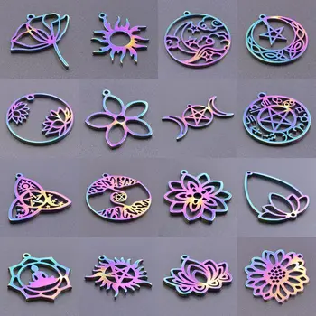 5 adet / grup Vintage Lotus Çiçeği Paslanmaz Çelik Gökkuşağı Charm Yıldız Güneş Kolye Takı Yapımı Zanaat Kolye DIY Malzemeleri