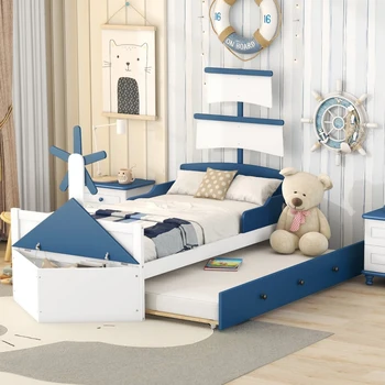 Mavi İkiz Boy Tekne Şeklindeki Platform Yatağı,ikiz boy Tekerlekli,Yatak Odası için Depolamalı İkiz Yatak, iç mekan yatak odası mobilyaları için
