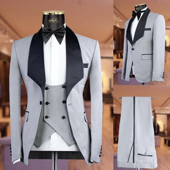 Gri erkek Takım Elbise Özel 3 Adet Blazer Yelek Pantolon Bir Düğme Siyah Geniş Saten Yaka Düğün Resmi Custom Made Artı Boyutu
