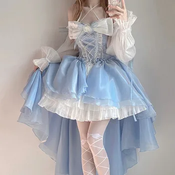 Fransız Romantik Tarzı Lolita Elbise Zarif Kız Cosplay Prenses Puf Kollu Şerit İlmek Çiçek Tunik Örgü peri elbisesi