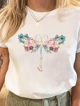 Yusufçuk Karikatür Çiçek Çiçek Giyim Baskı Kadın Moda Bayan Grafik Tee Elbise Kısa Kollu T Kadın Rahat T-Shirt