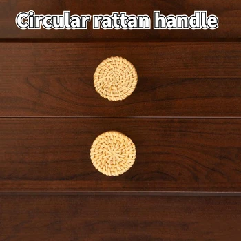 Boho Rattan Dresser Topuzlar Yuvarlak Ahşap Çekmece Kolları El Yapımı Hasır Dokuma ve Vidalar Boho Mobilya Kolları
