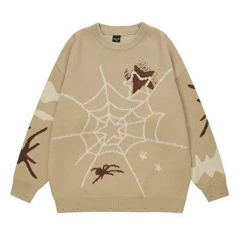 Erkek Örümcek Ağı Triko Amerikan Tasarım Trendi Rahat Kazak Moda Yuvarlak Boyun Rahat Baskı Kazaklar Sonbahar Kış