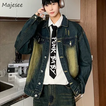 Retro Denim Ceketler Erkekler Amerikan Tarzı Harajuku Yakışıklı Hipster Streetwear Unisex Tüm Maç Dış Giyim Palto Sonbahar Куртка Erkek
