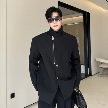 SYUHGFA Kore Tarzı Lüks Blazers Erkekler Niş Tasarım Düzensiz Fermuar Hırka Omuz Pedi Trend Takım Elbise Ceket Düz Renk Üst