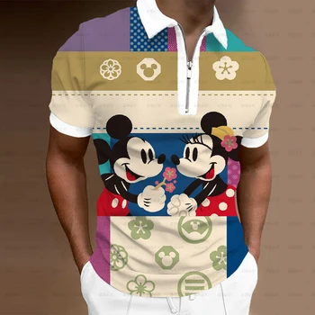 Disney Yeni Moda Erkekler Mickey Mouse POLO GÖMLEK Golf Kıyafeti Kentsel Baskı Rahat Kısa Kollu T Gömlek erkek Yaka Zip POLO GÖMLEK Üst