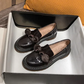 Bayan Derby Ayakkabı Kadın Ayakkabı Loafer'lar Kürk sneaker Patent Deri Bale Daireler Yuvarlak Ayak Yay-Düğüm Takunya Platformu