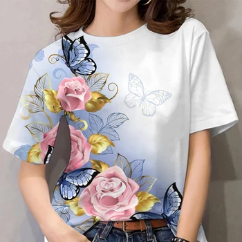2023 Yeni kadın T Shirt Kelebek Baskı Harajuku Kısa Kollu Üstleri Kızlar Y2k Giyim Yaz Basit Ucuz Bluz Büyük Boy Tees