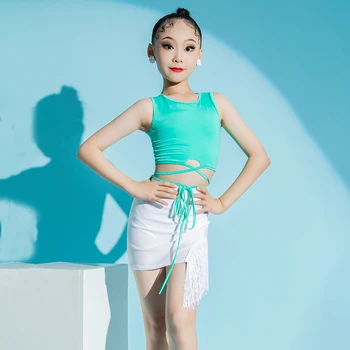 Çocuklar Performans Balo Salonu Dans Profesyonel Kostüm Kızlar Kolsuz Latin Üst Saçaklı Etekler Rekabet Dans Elbise SL8712