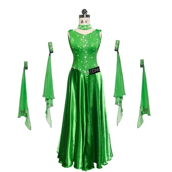 Yeni Modern dans eteği Performans Yarışması Gerçekleştirir Yetişkin Kadın Yeşil Kolsuz Köpüklü Elmas Uzun Modern dans eteği