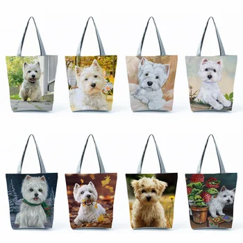 Sevimli W2023 Highland Terrier Alışveriş Çantası Bakkal Kadın Çanta Hayvan Köpek Grafik Büyük Kapasiteli Omuz Çantaları Katlanabilir Bez çanta