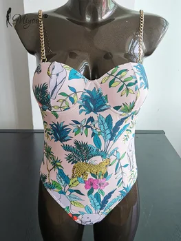 Miyouj Zincir Tek Parça Takım Elbise Push Up Mayo Kadın Mayo Çiçek Baskılı Mayo Yüksek Bel Bodysuit Seksi Beachwear