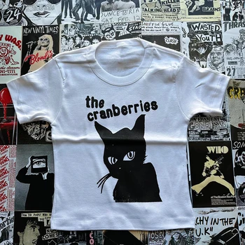 Y2k Kırpma Üst Sevimli Kedi Baskı Kısa Kollu ince tişört Kadın Giyim Yaz Grafik Bebek Tees Kadın Estetik Gotik Punk Kız