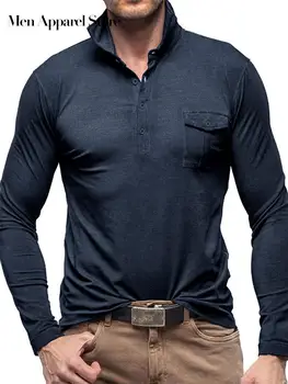 Katı Cep Uzun Kollu T-Shirt Erkekler İçin Yatak Açma Yaka Düğmesi Fit Gömlek Adam Yaz Yeni Moda Rahat erkek giyim