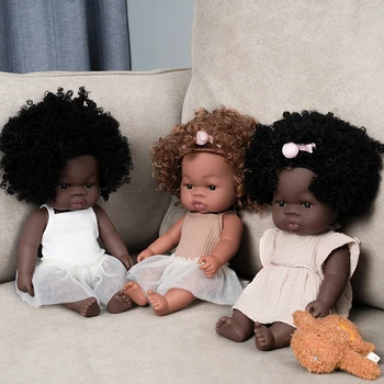 Siyah Afrika Reborn Bebekler Gerçekçi Patlama Baş Aşınma Bebek Sevimli Bebekler Kıvırcık Siyah 14 inç Reborn Vinil Bebek Bebek Oyuncak Kızlar için