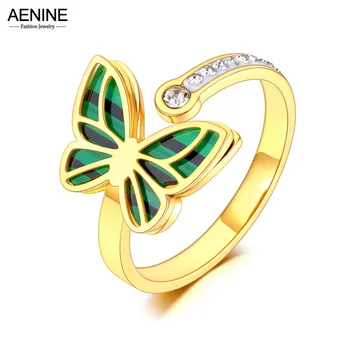 AENINE Paslanmaz Çelik Kelebek Hayvan Ayarlanabilir Yüzükler Kadınlar Için Kız Moda Yeşil Kabuk Altın Parmak Yüzük Takı AR23015