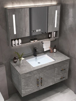 Işık lüks kaya paneli banyo dolabı kombinasyonu katı ahşap modern basit tuvalet yıkama masası el lavabo mutfak dolabı seti