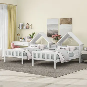 Çocuk yatağı, Çift Kişilik ikiz yatak,Yatak odası için Ev şeklinde Yatak Başlığı ve Gömme Komodinli sade tasarımlı platform Yatak