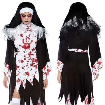 Cadılar bayramı Korku Kostümleri Rahibe Rahip Kostüm Siyah Kasvetli Eşkenar Dörtgen Korku Vintage Kadınlar Kan El İzi Cosplay Oyun Karakteri Cos
