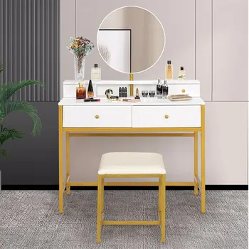 Tuvalet masası seti / güzellik masa ampul ile tek yuvarlak ayna, çekmeceli, depolama rafı, kozmetik, takı depolama dolabı