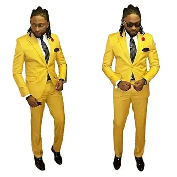 Sarı Düğün Damat Erkek Takım Elbise 2 Adet(Ceket+Pantolon+Kravat) 1 Düğme Slim Fit Blazer Pantolon Smokin Kostüm Sahne Sağdıç Parti Giyim