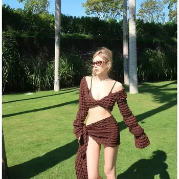 Wısuwore Mayo Ins Kahverengi Bikini Cover Up Seti 2023 Yeni Etek Seti Dört Uzun Kollu Güneş Koruyucu Seksi Baharatlı Kız Fotoğraf Mayo