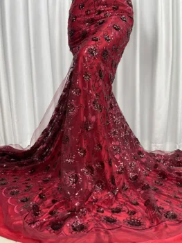 2023 Toptan şarap Kırmızı Afrika dantel kumaş 3D pullu nakış Fransız dantel kumaş yüksek kalite Nijeryalı dantel düğün elbisesi