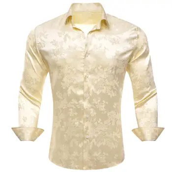 Lüks Gömlek Erkekler ıçin Ipek Uzun Kollu Altın Sarı Bej Çiçek Slim Fit Erkek Bluz Casual Tops Resmi Nefes Barry Wang