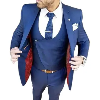 Koyu Mavi Oda Smokin Düğün Slim Fit Erkek Takım Elbise 3 Parça Set Ceket Pantolon Yelek Çentikli Yaka trajes de hombre de vesti