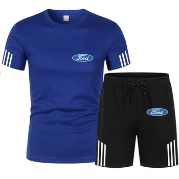 YENİ erkek tişört Takım Elbise Ford araba logosu baskı Trend Çizgili 2 parçalı set(T-shirt + şort) %100 % pamuk Moda Rahat erkek Takım Elbise R