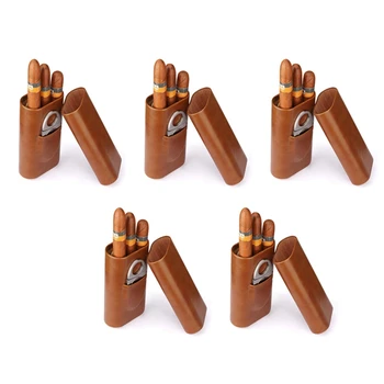 5X Yüksek Kalite 3-Finger Humidors Taşınabilir Puro Kutusu Kahverengi Puro Deri Kılıf Puro Kesici İle