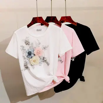 2023 Zarif Boncuk O Boyun kısa Kollu beyaz tişörtler Büyük Boy Kadın Nakış 3D Çiçek Tee Gömlek Bayan Kore Ofis Üstleri