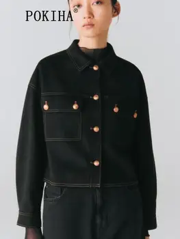 Pokıha Moda Kadınlar Yeni Yama Cepler Siyah Kırpılmış Ceket Ceket Vintage Uzun Kollu Ön Düğme Kadın Giyim Chic Tops