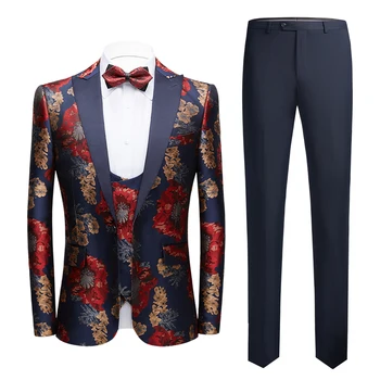 (Ceket + Yelek + Pantolon)lüks Giyim erkek Yüksek Kaliteli İş Baskı Üç parçalı Takım Elbise / Beyefendi Parti Elbise Eğlence Blazers