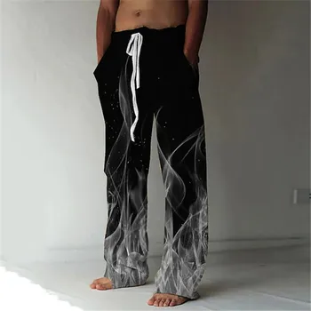 Yeni erkek Sanat Boyama 3D Yangın Rahat Kaybetmek Pantolon Baggy Pantolon Cepler İpli Elastik Bel Doku Pantolon Yoga Konfor Yumuşak