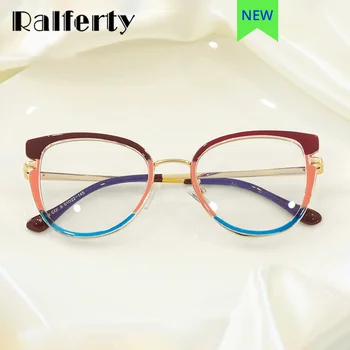 Ralferty Patchwork kedi göz gözlük bayanlar Anti mavi ışık gözlük mercek kadın moda miyopi gözlük çerçeveleri sıfır şeffaf Lens