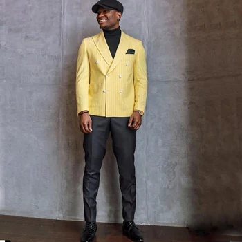 Sarı Çizgili Erkek Takım Elbise 2 Adet Blazer Setleri Doruğa Yaka Kruvaze Düğün Damat Smokin Rahat Parti Takım Elbise Ceket + Pantolon
